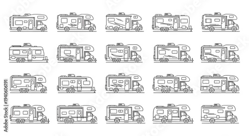 Modern RV and Motorhome Line Art Icons: Camping and Road Trip Collection