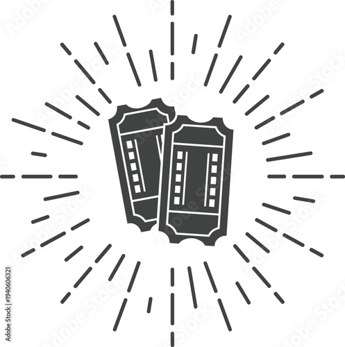 Cinema or event tickets icon with starburst rays illustration isolated on white background for entertainment admission, movie theater pass, and festival entry design