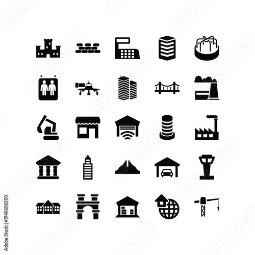 Real estate and business icon set with house bank building hotel map money and computer symbols in simple black vector design