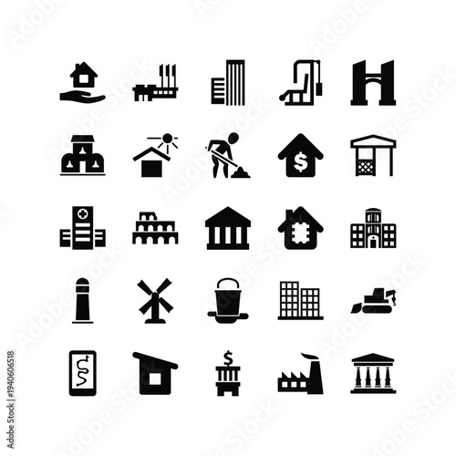 Real estate icons set featuring house building and business symbols for web design illustration including home sale and internet sign pictograms for computer and mobile applications