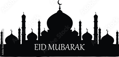 Eid Mubarak vector with mosque silhouette, crescent moon, minarets, and bold festive celebration design