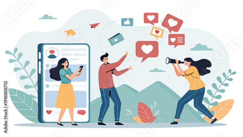 People promoting social media presence with smartphone and megaphone