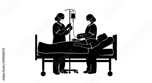 Medical staff attending to a patient in a hospital bed with an IV drip.