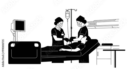 Medical staff attending to a patient in a hospital bed with an IV drip.