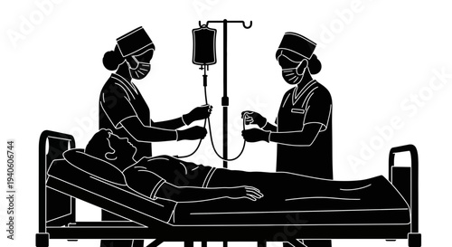 Medical professionals attending to a patient in a hospital bed.