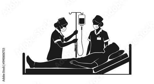 Medical staff attending to a patient in a hospital bed with an IV drip.