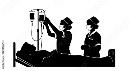 Medical professionals attending to a patient in a hospital bed.