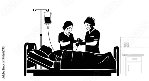 Medical staff caring for a patient in a hospital bed with an IV drip.