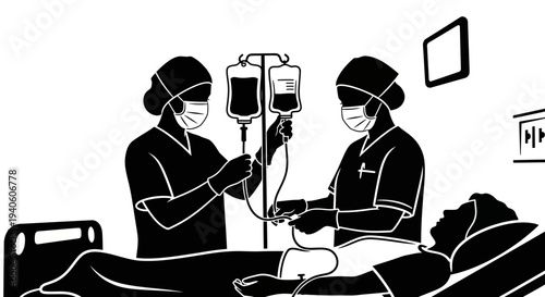 Medical professionals attending to a patient in a hospital bed.