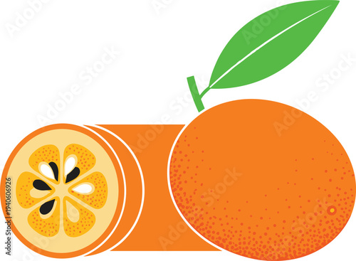Fresh orange fruit with slice and leaf illustration isolated on white background for citrus food design, juice branding, and healthy vitamin rich produce concept