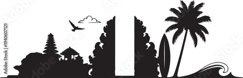 Bali landscape vector illustration with palm trees and ocean wave silhouette