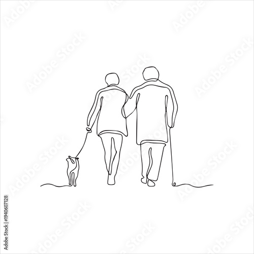 Elderly couple walking with dog continuous line vector illustration