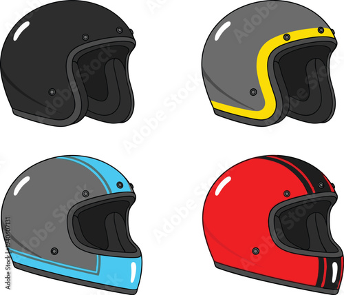 Motorcycle helmet collection with retro and modern protective helmets illustration isolated on white background for biker safety equipment, racing gear, and transport design