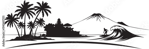 Bali landscape vector illustration with palm trees and ocean wave silhouette