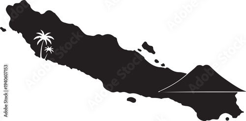 Bali landscape vector illustration with palm trees and ocean wave silhouette