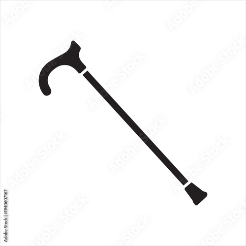 Black silhouette of a classic wooden walking cane with a curved handle, representing support, age, disability aid, and independence for elderly people
