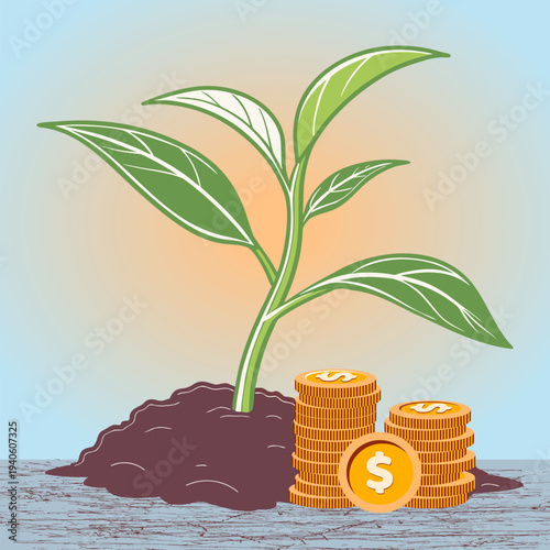 Savings and investment concept featuring plant growing from soil with gold coins. Ideal for banking, finance, wealth management, retirement savings, and economic growth themes.