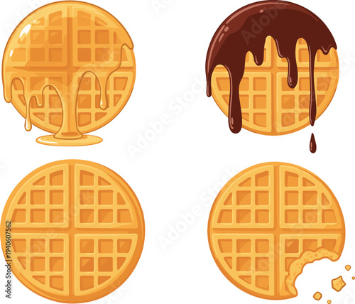 Belgian waffle dessert set with syrup, chocolate topping and bitten waffle illustration isolated on white background for breakfast menu, bakery design, and sweet food