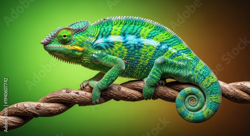 Vibrant green and blue chameleon perched on a twisted rope against a gradient background