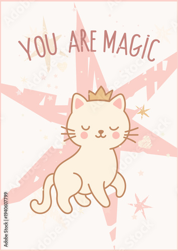 Cute Princess Cat Poster, Kawaii Kitty with Crown Nursery Illustration. Cute nursery poster