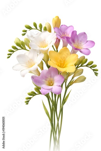 A bouquet of colorful freesia flowers in a vase on a white background