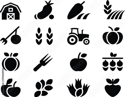 Agriculture glyphs with barn, apple, plant, tractor, cherry, wheat, fruit and leaves representing agricultural concepts