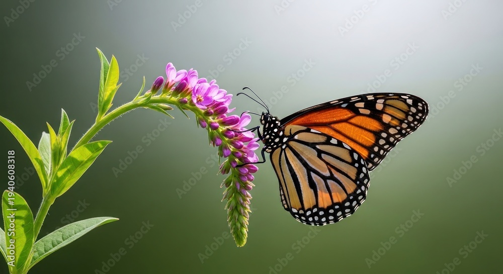 Obraz premium A monarch butterfly feeding on a purple flower with green leaves against a gradient background
