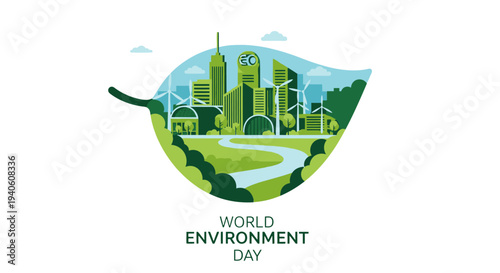 World Environment Day illustration with green industrial landscape.