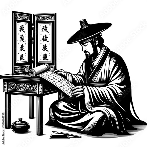 Chinese Scholar Studying Ancient Books