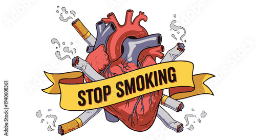 Anti-smoking illustration with heart and cigarettes.