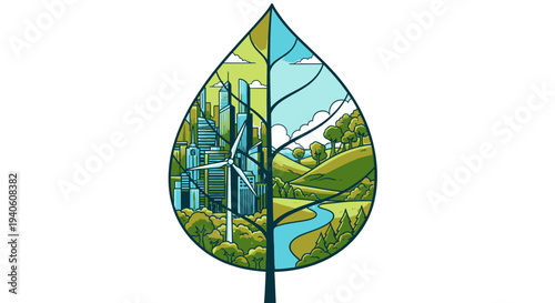 Eco-friendly cityscape within a leaf symbolizing sustainability and harmony with nature.