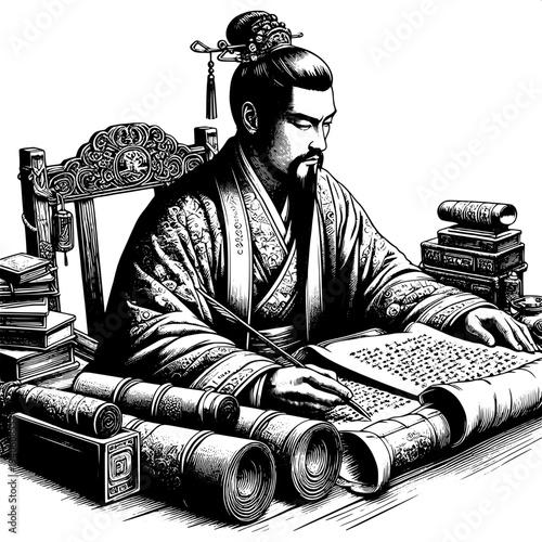Chinese Scholar Studying Ancient Books