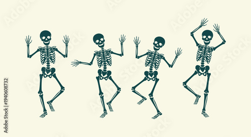Four Dancing Skeletons Illustration for Halloween Spooky Human Bones Vector Art Vintage Silhouettes