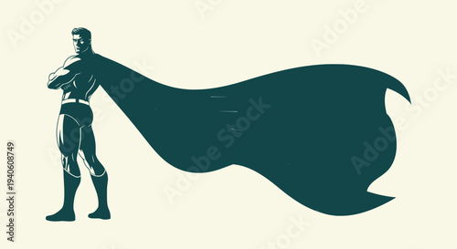 Powerful Superhero Character in Vector Silhouette Standing with Long Flowing Cape on Solid Backdrop