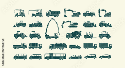 Heavy construction machinery and transport vehicle silhouettes collection with trucks and cars.