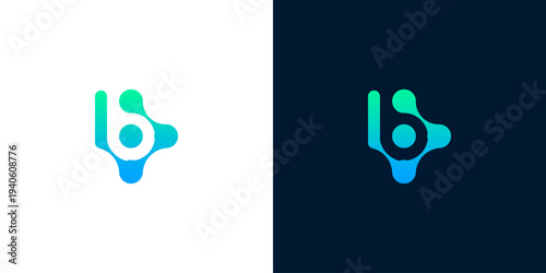 Abstract digital logo design with a modern, fluid aesthetic, featuring a unique 'b' initial in vibrant gradient colors on both white and dark backgrounds
