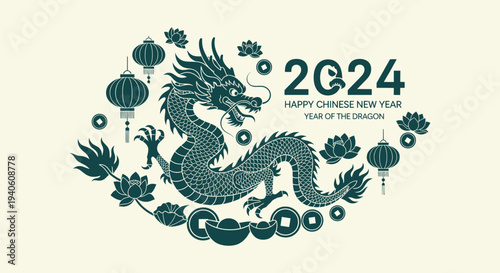 Happy Chinese New Year 2024 Year of the Dragon Vector Illustration with Lanterns Flowers and Coins