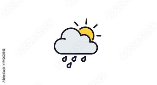 Sun Behind Cloud with Raindrops Weather Vector Icon Isolated on White