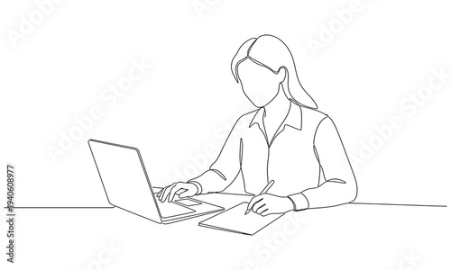 Continuous line drawing of professional young business woman using mobile digital tablet computer work and writing work. black stroke on a white background vector illustration