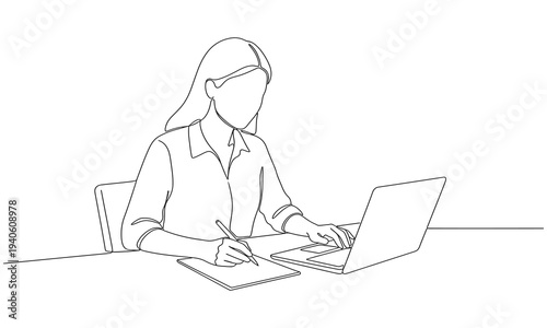 Continuous line drawing of professional young business woman using mobile digital tablet computer work and writing work. black stroke on a white background vector illustration