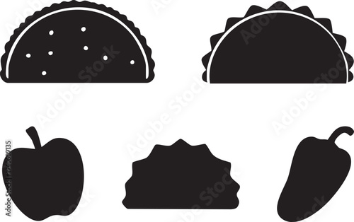 Taco & Food Icons Set – Taco Shell, Soft Taco, Apple, Jalapeño Pepper – Black Silhouette Vector