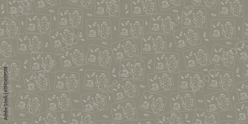 Teapot, cup. Seamless pattern. Drawings, sketches, doodles. Leaves and tea utensils. Hot drink, coffee, tea. Tea leaf, mint. Seamless pattern.