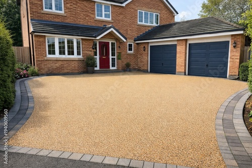 Newly installed resin bound driveway in front of a detached brick house with garage. Home exterior upgrade concept for landscaping, property improvement, construction and curb appeal