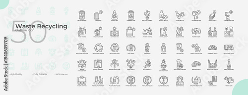 Waste Recycling Line Editable Icons set