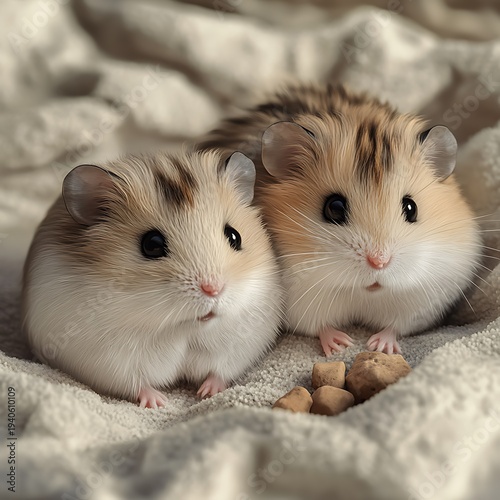 Two Cute Hamsters with Striped Fur Sitting on a Creamy White Textured Blanket with Small Rocks