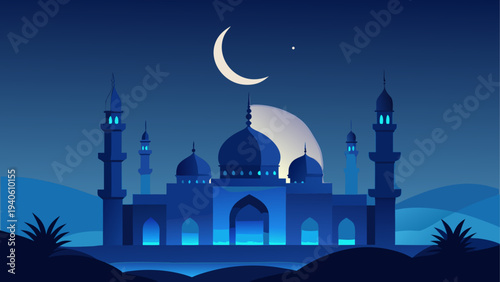 Silhouette of a mosque at night with moon
