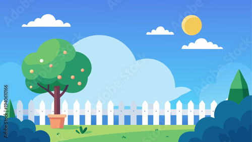 Cartoon garden scene with picket fence