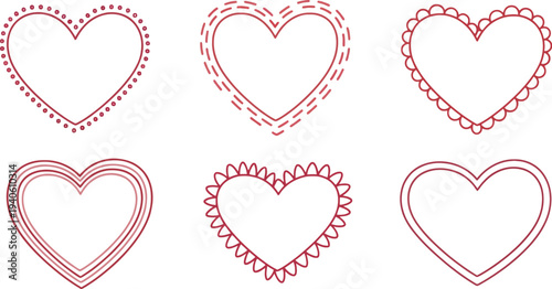 Set of Six Red Decorative Heart Frames, Vector Illustration
