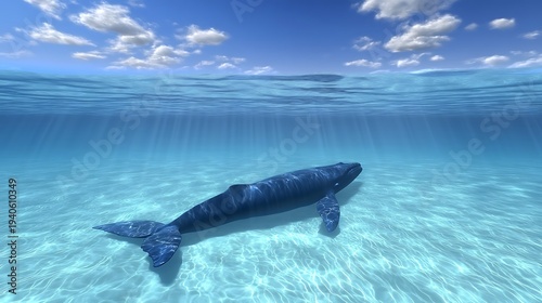 Large blue whale swims in shallow clear turquoise ocean water with sunbeams shining through the surface onto sandy seabed