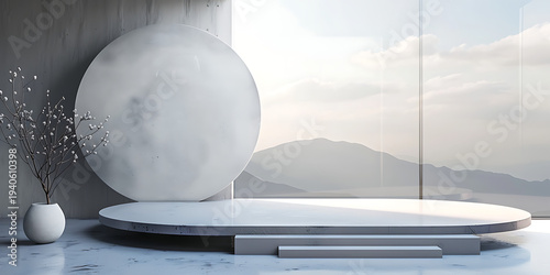 Modern Bathroom Interior With Oval Bathtub Mountain View And Soft Light